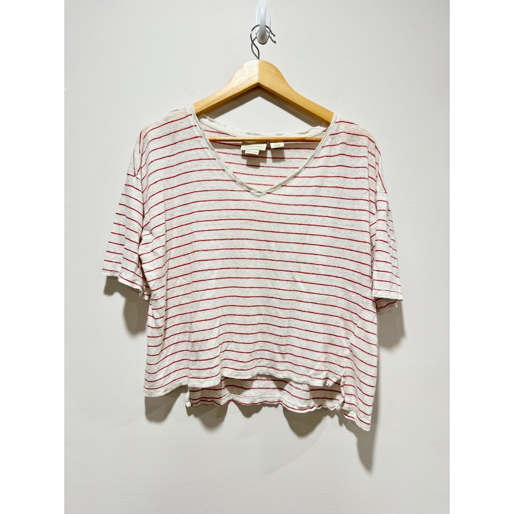 Cynthia Rowley 100% Linen Striped V-Neck T-Shirt Red White Boxy Crop Top Medium - Picture 1 of 3